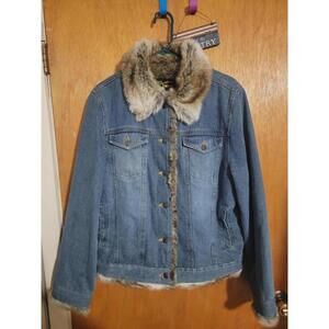 Vintage Fabio women's Size L faux fur lined blue denim jacket Retro Y2K